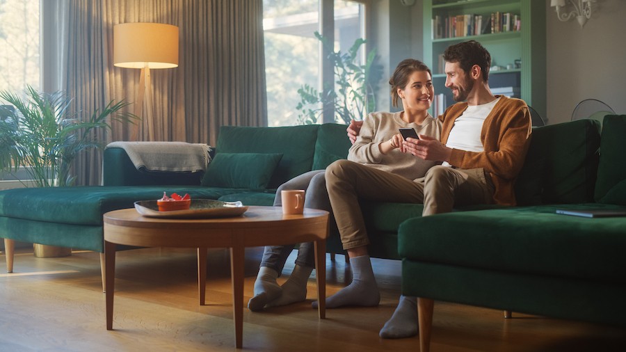 A man and woman sitting together on a couch in a living room. 