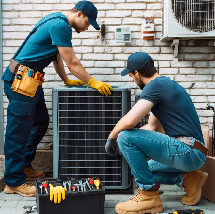 Two individuals repair an outdoor air conditioning unit: one stands in blue attire with a tool belt, the other crouches in inspection. 