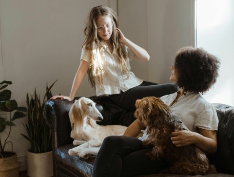 Two women sit on a couch next to two long-haired dogs. Dander surrounds them.