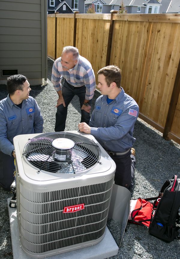 three contractors standing by ac unit in yard, Bob's Heating & AC