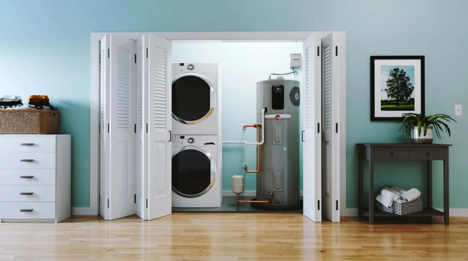 A water heater installed in a home’s laundry closet